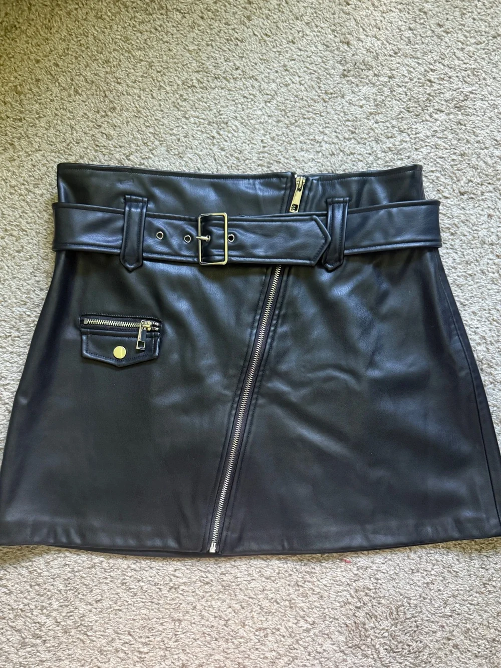 Zara Black Faux Leather Belted Mini Skirt with Diagonal Zip